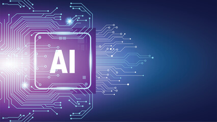 Abstract purple and blue background with an AI symbol and circuit patterns, representing artificial intelligence technology.