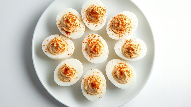 A plate of deviled eggs garnished with paprika, arranged neatly on a white surface.