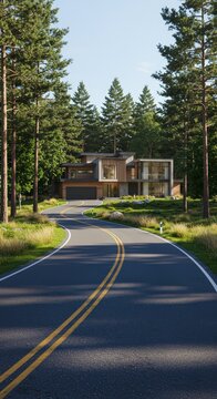 Modern house nestled in a forest with a winding road leading up to the property on a sunny day