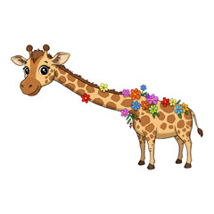 Naklejka premium Cute giraffe decorated with colorful flowers standing on white background showing adorable wild animal cartoon