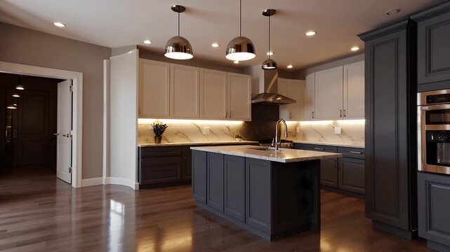 Exquisite 4K UHD 3D animation presenting a spacious contemporary kitchen interior as color palettes finishes and decorative elements seamlessly transition from one design scheme to another