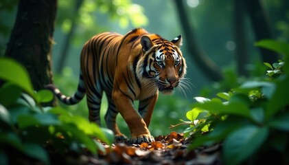 Obraz premium Striped tiger stalking prey in dense jungle foliage, wildlife photography, tiger
