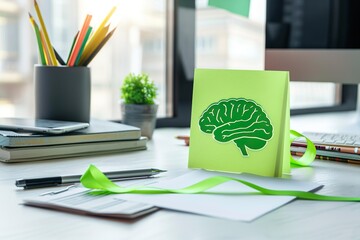 Bright and clean office desk setup with a green brain icon on a sticky note, symbolizing mental health awareness. A green ribbon and various office supplies reinforce the theme of Mental Illness Aware