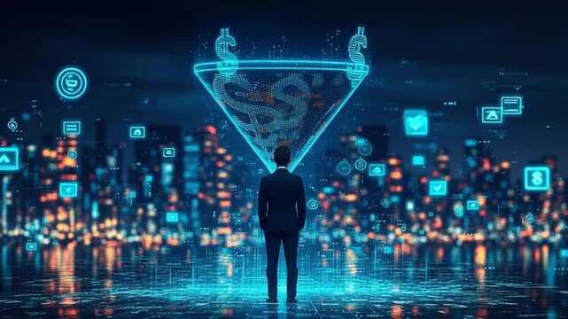Visual representation of data monetization using a funnel paired with an illustration of a businessman, Businessman standing in front of a digital sales funnel with holographic dollar signs and