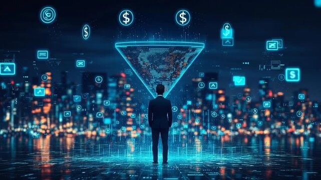 Visual representation of data monetization using a funnel paired with an illustration of a businessman, Businessman standing in front of a digital sales funnel with holographic dollar signs and - Powered by Adobe
