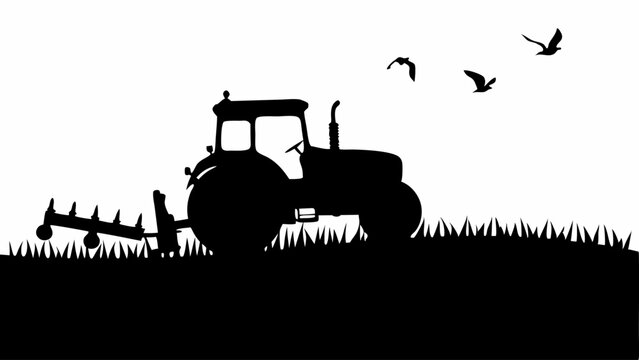 Silhouette of a tractor with a plow in a field with birds flying overhead on a white background view editable eps vectors