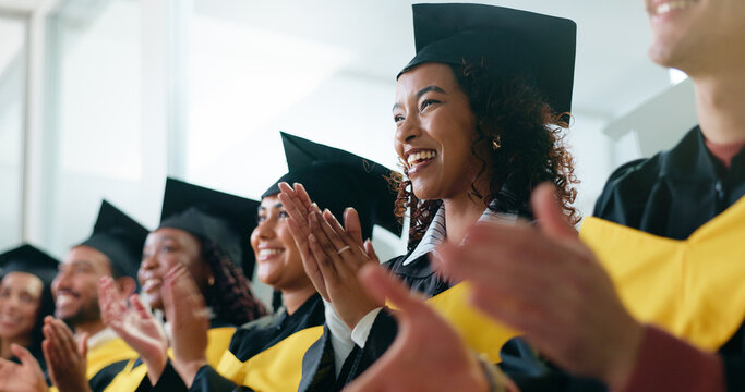University, applause and students with celebration, graduation and smile with achievement. People, women and men with success, clapping and cheering with goals, higher education or college with event