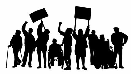 Silhouette of a group of people protesting with signs and wheelchairs in a public gathering space scene editable eps vectors
