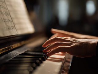 Piano hand music sheet classical closeup performance elegant black white key note practice adult