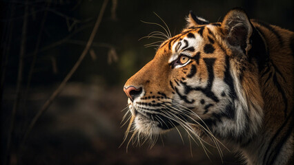 A close up shot of a tiger's head in profile with a dark background and focused expression on its face