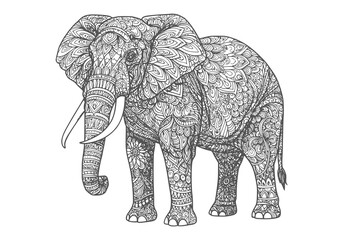 Naklejka premium An elaborate stylized elephant graphic in detailed line art, ideal for coloring books, exotic prints, and themed design projects.