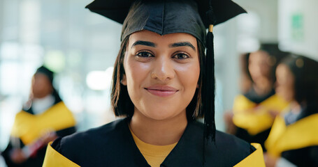 Happy woman, portrait and student with hat for graduation, ceremony or qualification in university....