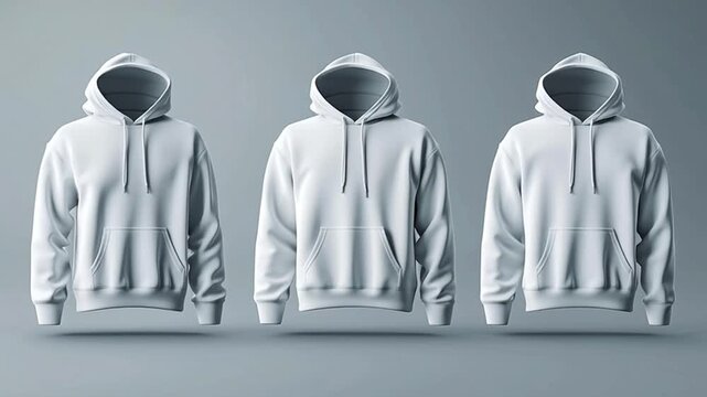 Blank mens hooded sweatshirt with zipper 3D rendering of a hoodie jacket mockup isolated on a grey background perfect for print or branding, 3D realistic white hoodie, front and back view, on a grey