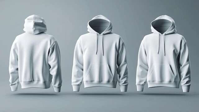 Blank mens hooded sweatshirt with zipper 3D rendering of a hoodie jacket mockup isolated on a grey background perfect for print or branding, 3D realistic white hoodie, front and back view, on a grey