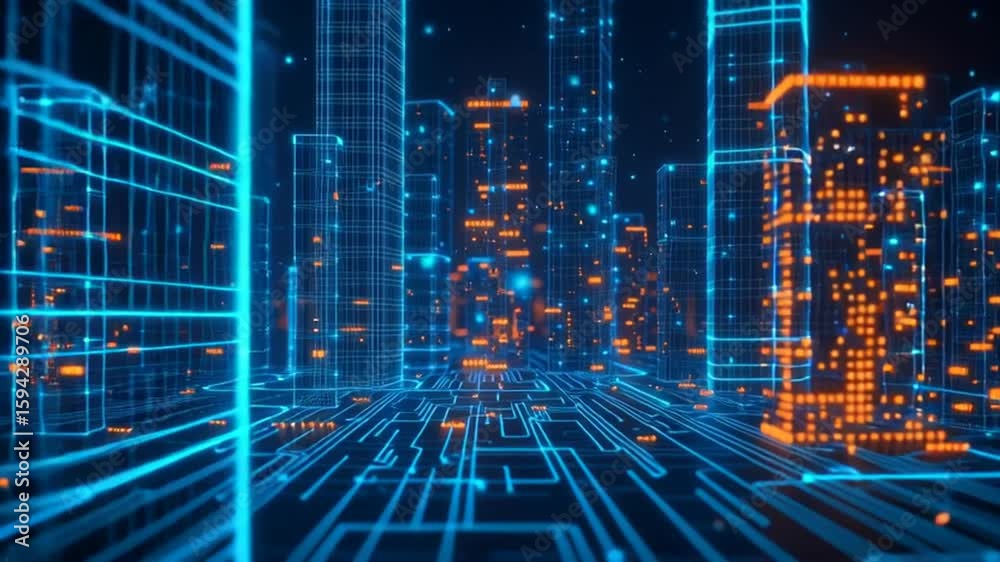 Poster lowpoly 3d wire mesh of a smart city an intelligent building automation system concept with binary c