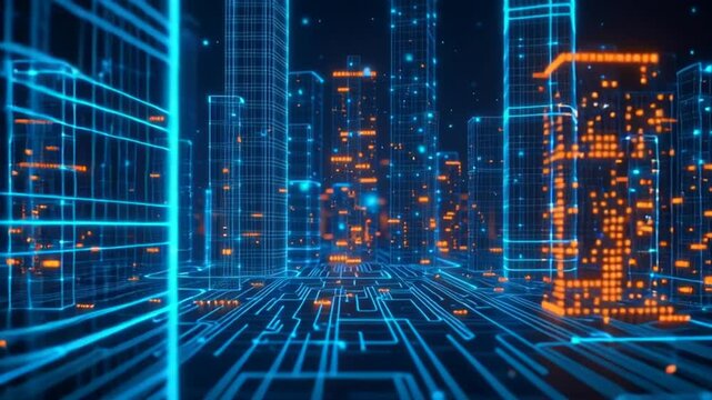 Lowpoly 3D wire mesh of a smart city An intelligent building automation system concept with binary code data flow showcasing technology in urban architecture, Futuristic cityscape with holographic