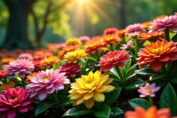 Sunlit sedum garden, diverse colors and textures , fresh, red, beauty