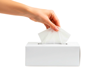 Hand pulling a tissue from a tissue box isolated on transparent background