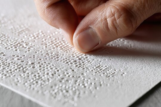 Detailed close-up of a person using fingers to read Braille text embossed on white paper, symbolizing tactile literacy, independence, and awareness during Blind Awareness Month.