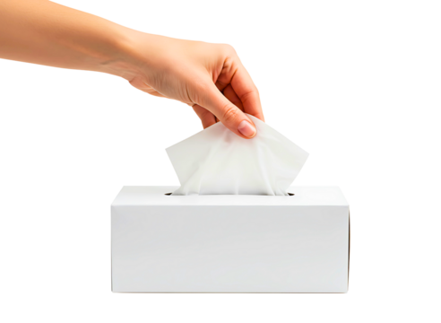 Hand pulling a tissue from a tissue box isolated on transparent background