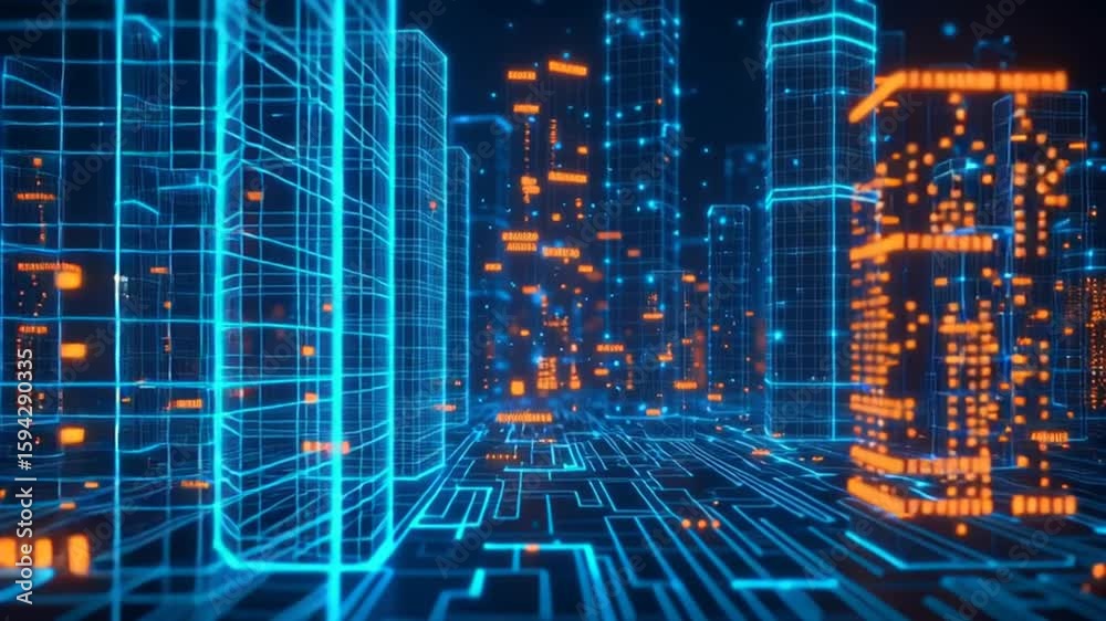 Poster lowpoly 3d wire mesh of a smart city an intelligent building automation system concept with binary c