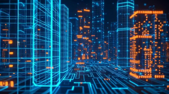 Lowpoly 3D wire mesh of a smart city An intelligent building automation system concept with binary code data flow showcasing technology in urban architecture, Futuristic cityscape with holographic