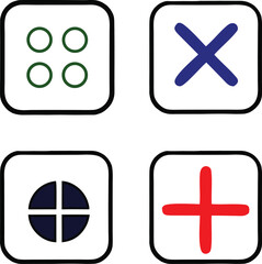 Obraz premium Four square icons with different symbols: four circles, an X, a divided circle, and a plus sign.