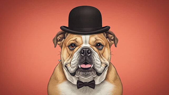 Adorable Bulldog Wearing Bowler Hat and Bow Tie Closeup Portrait