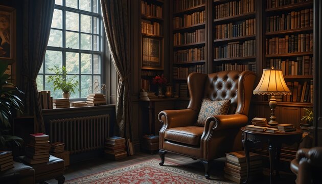 Warm brown leather armchair in a cozy reading nook with books and a lamp