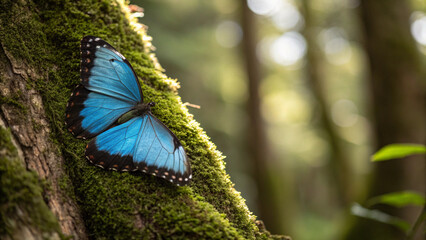 A vibrant blue morpho butterfly resting on a moss covered tree trunk in a blurred forest scene