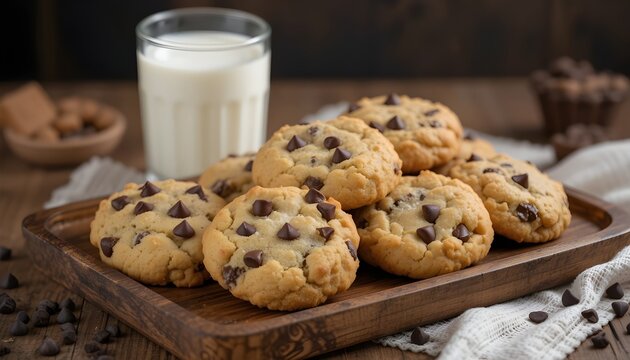Freshly baked chocolate chip cookies on a wooden tray with milk glass