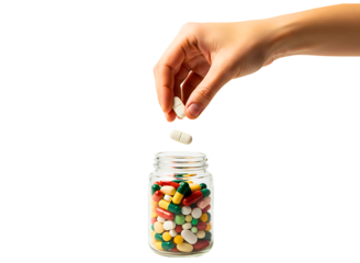Hand dropping a pill into a bottle of capsules isolated on transparent background
