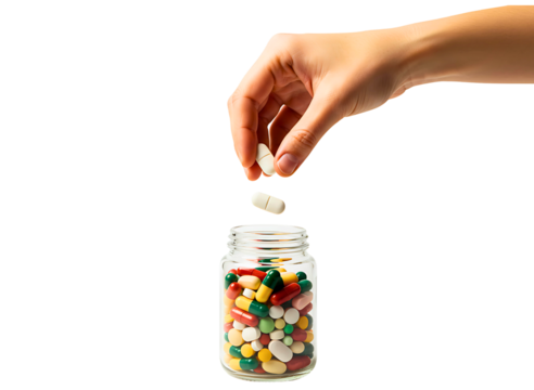 Hand dropping a pill into a bottle of capsules isolated on transparent background