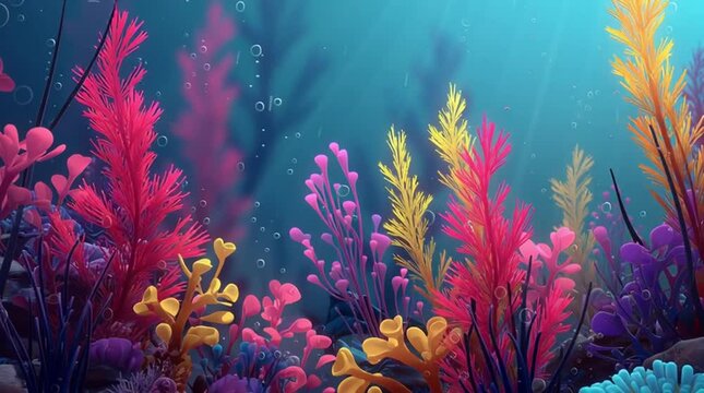 Colorful cartoon underwater scene with animated corals and seaweed swaying gently, kid-friendly loop
