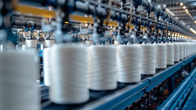 Machinery for circular knitting in a textile production facility, Close-up of an industrial knitting machine with blue yarn, spinning on its needle counter in the form of three-dimensional gears,