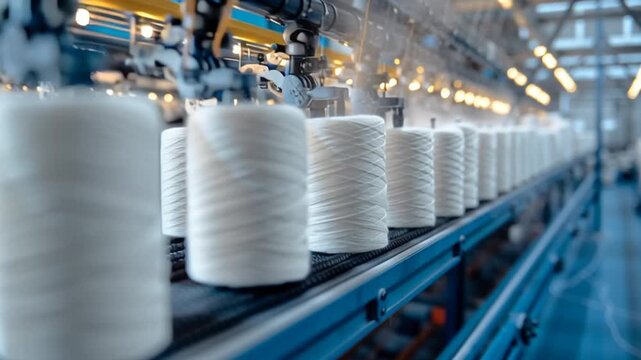 Machinery for circular knitting in a textile production facility, Close-up of an industrial knitting machine with blue yarn, spinning on its needle counter in the form of three-dimensional gears,