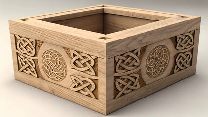 A wooden box with celtic knot designs carved into its side panels and a square opening at the top