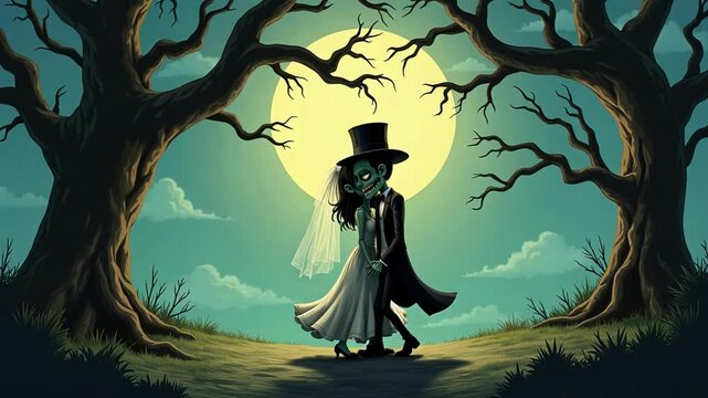 Eerie 4k footage features a cartoon zombie bride and groom standing under a spooky moonlight with tattered formal wear and a cobwebbed veil.