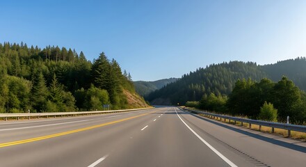 Scenic highway road trip through lush evergreen forest landscape under clear blue sky