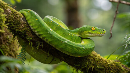 A vibrant green snake coiled on a mossy branch in a lush tropical forest environment scene view