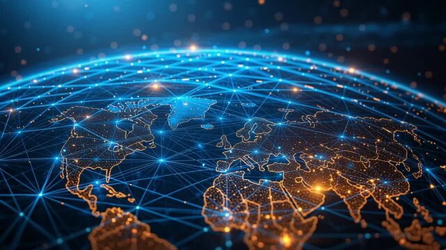 Transportation map of global logistics partnerships featuring container cargo ships for importexport and freight services, Abstract blue digital global network concept with glowing connections around