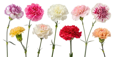 Beautiful carnation flowers in various colors create vibrant display of nature beauty. Each flower showcases unique shades and delicate petals