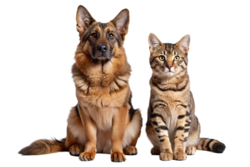 German Shepherd and Cat Sitting on Transparent Background