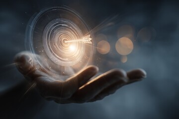 Close up shot of a hand holding digital arrow hit the center of the target, concept for business achievement, innovative solutions and investment planning.