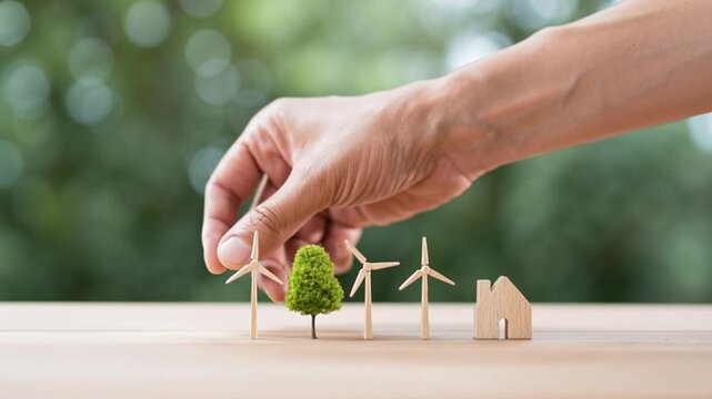 Green energy and sustainability concept Person engaged with renewable energy icons representing carbon footprint reduction and Eco friendly solutions for environmental conservation Clean energy