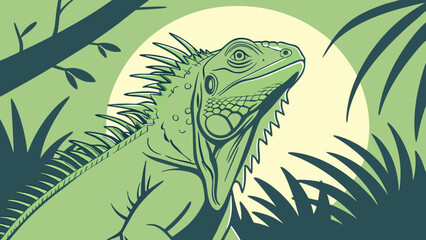 Illustration of a green iguana in a tropical forest setting with a bright sun in the background