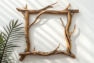 wooden branch sculpture forming angular frame