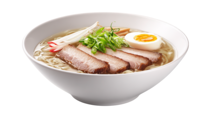 Tasty Noodle Bowl with Sliced Pork and Egg isolated On Transparent Png Background.