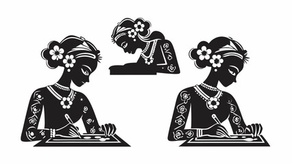 Three monochrome depictions of mythical creatures and a woman in traditional attire in a row format | editable eps vectors silhouette