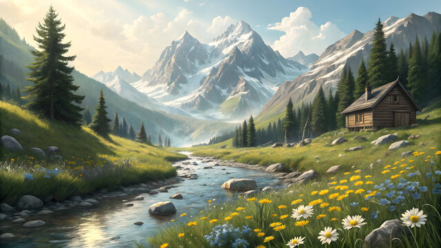 Wooden cabin beside stream in mountain valley with wildflowers